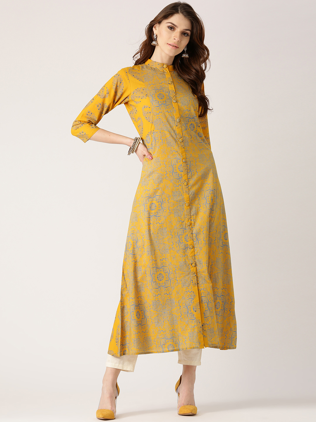 Libas Women Mustard Yellow & Blue Printed A-Line Kurta Price in India