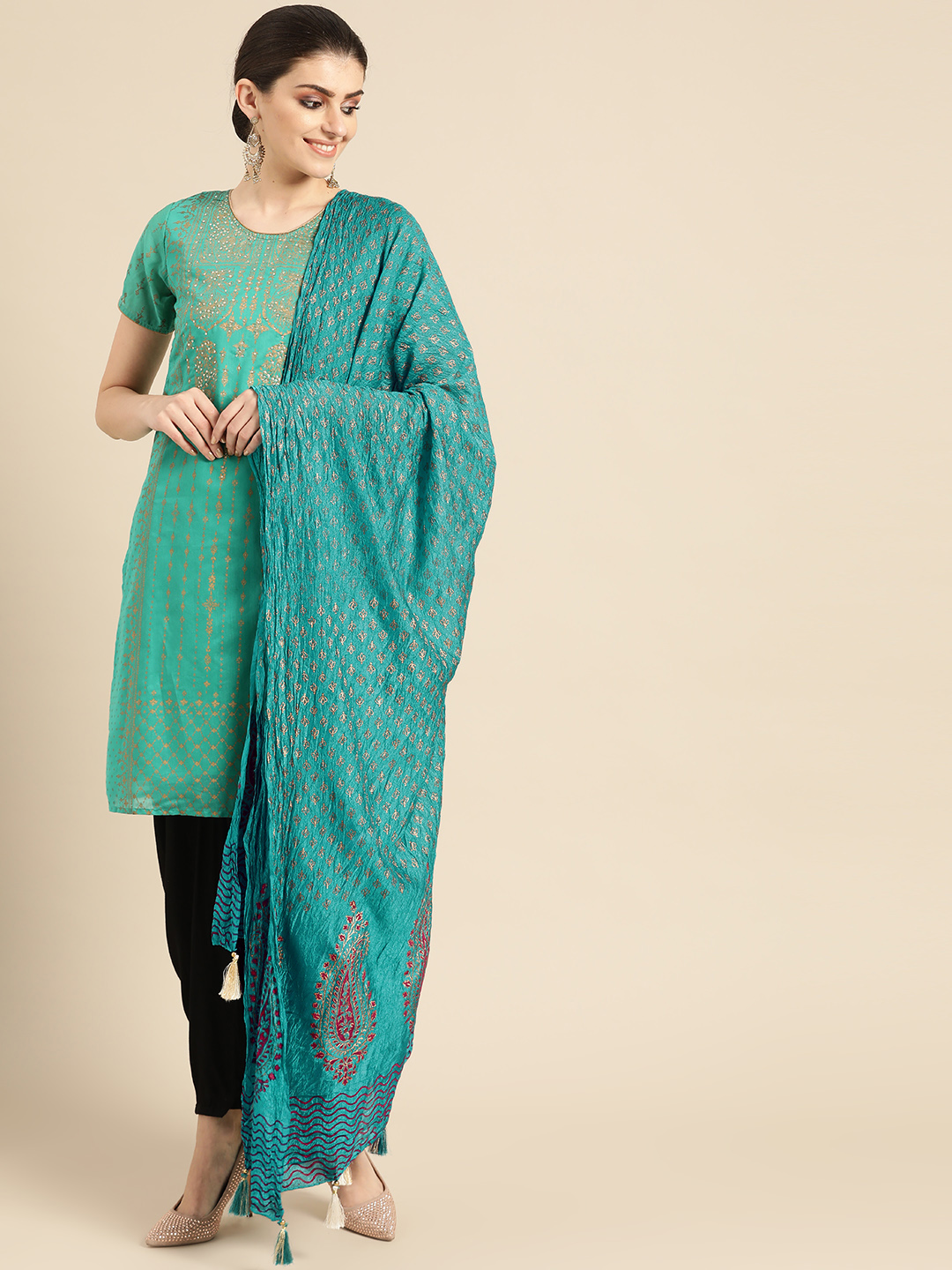 IMARA Women Green & Golden Printed Kurta with Patiala & Dupatta Price in India