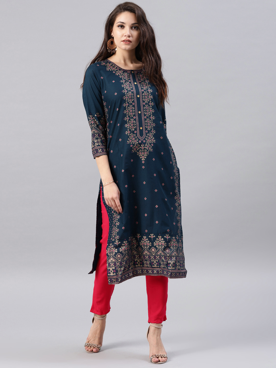 Vishudh Women Navy Blue Printed A-Line Kurta Price in India