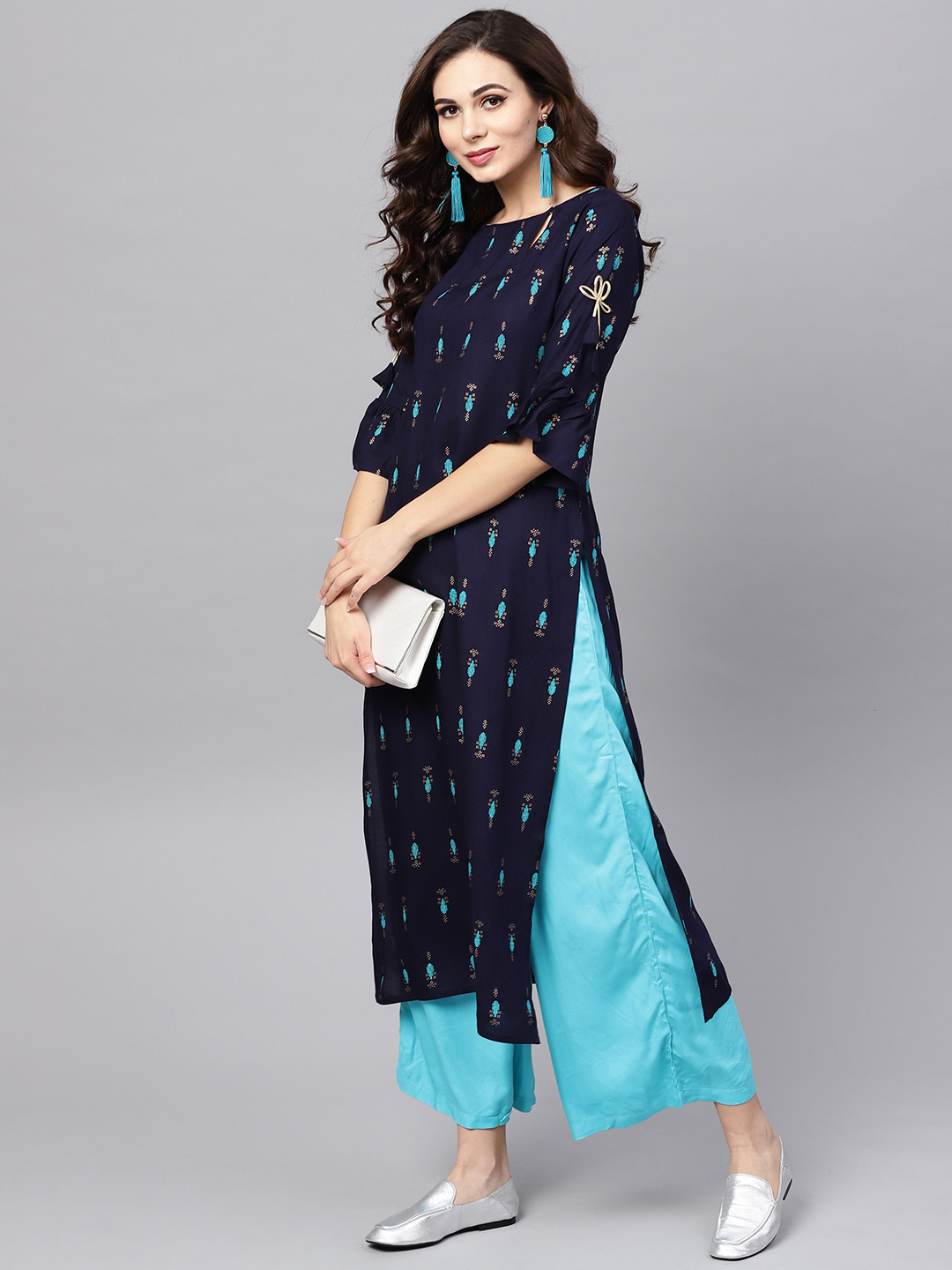 Libas Women Navy Blue Block Print Straight Kurta Price in India