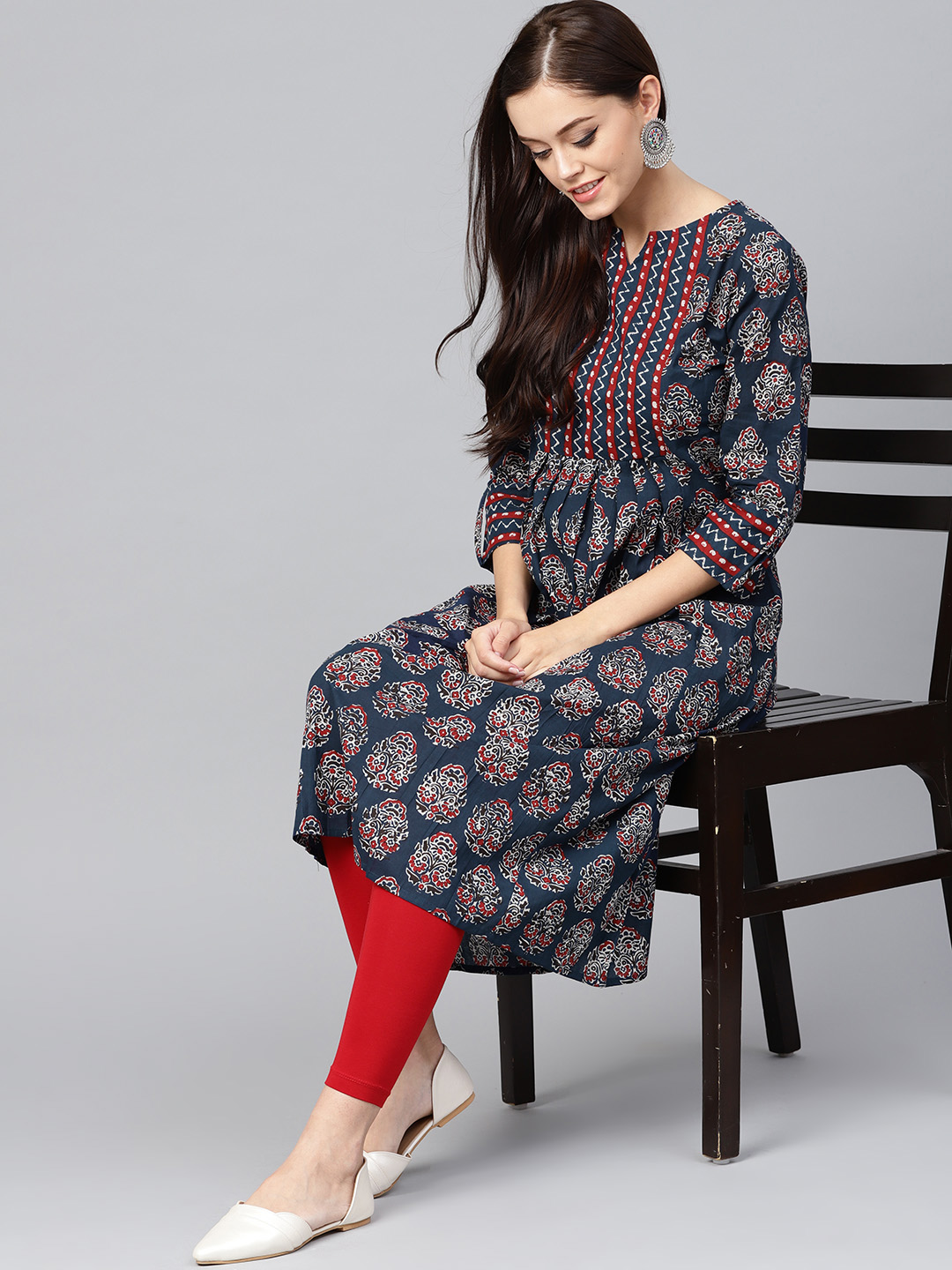 Indo Era Women Navy Blue & Off-White Printed A-Line Kurta Price in India