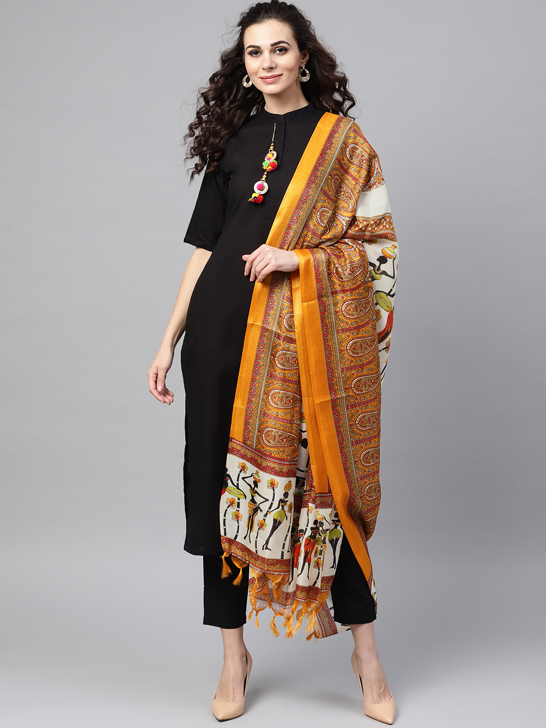 Nayo Women Black & Mustard Yellow Solid Kurta with Trousers & Bhagalpuri Print Dupatta Price in India