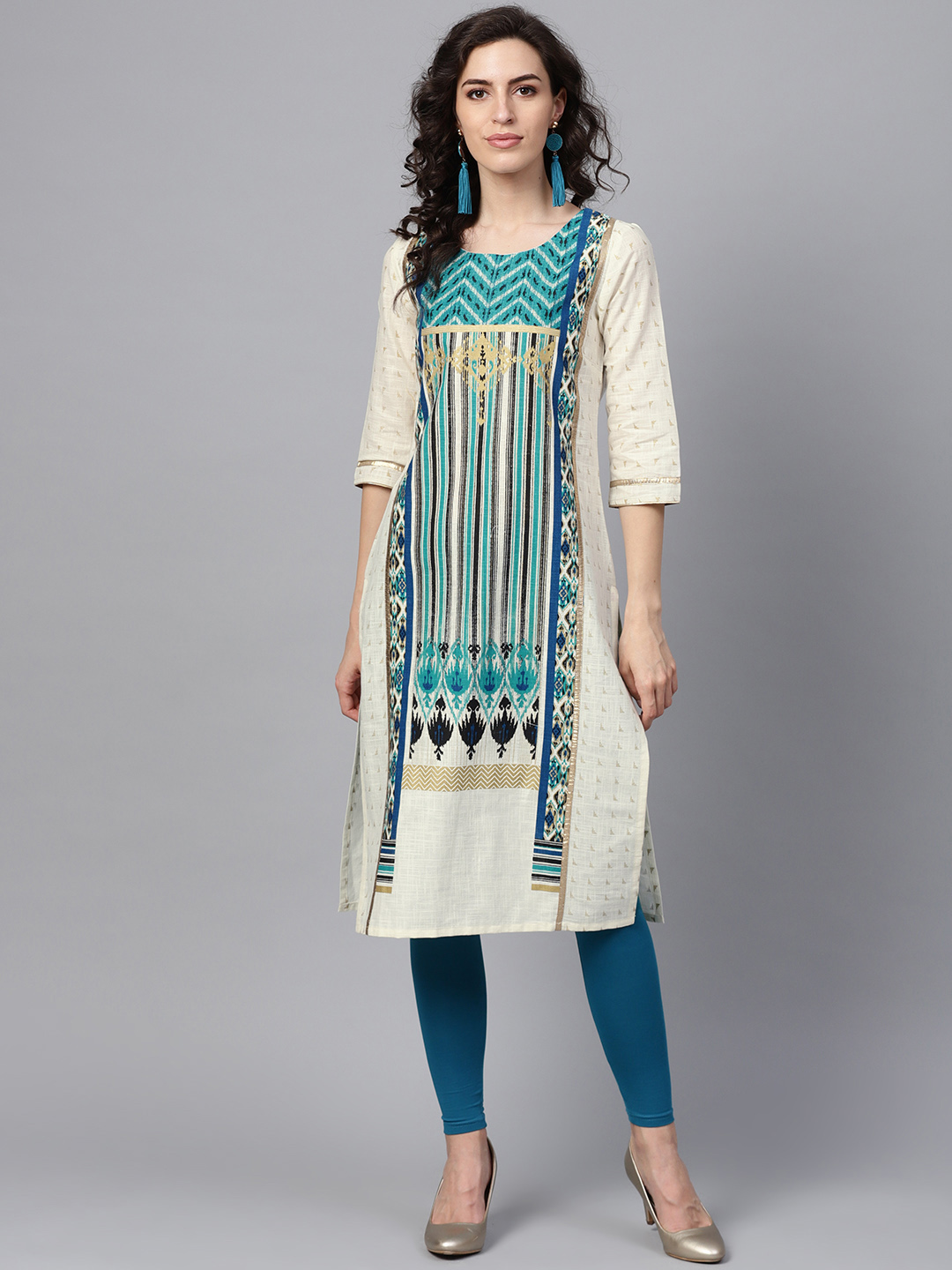 W Women Off-White & Blue Printed Straight Kurta Price in India