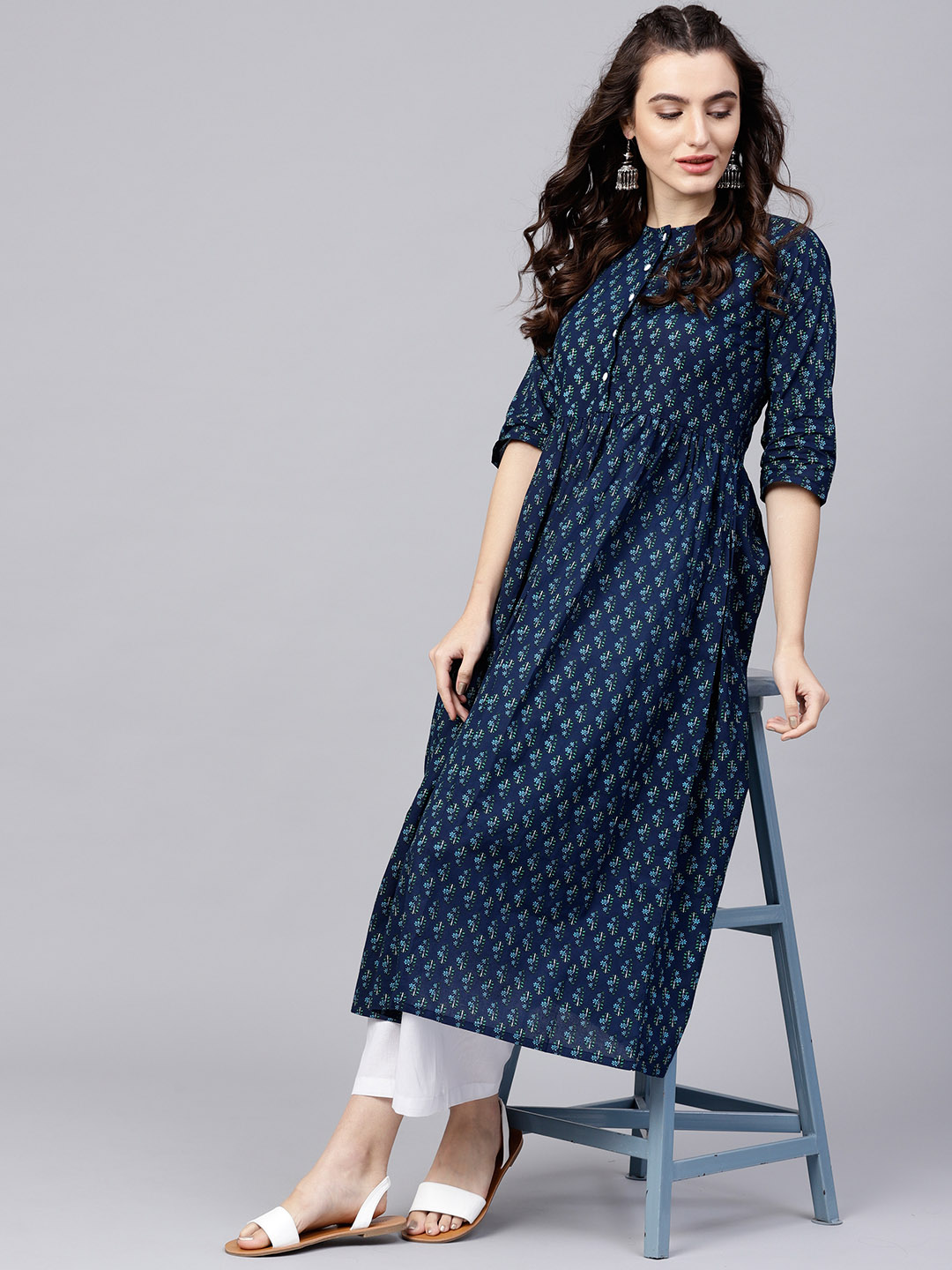 Nayo Women Navy Blue & White Printed Kurta with Palazzos Price in India