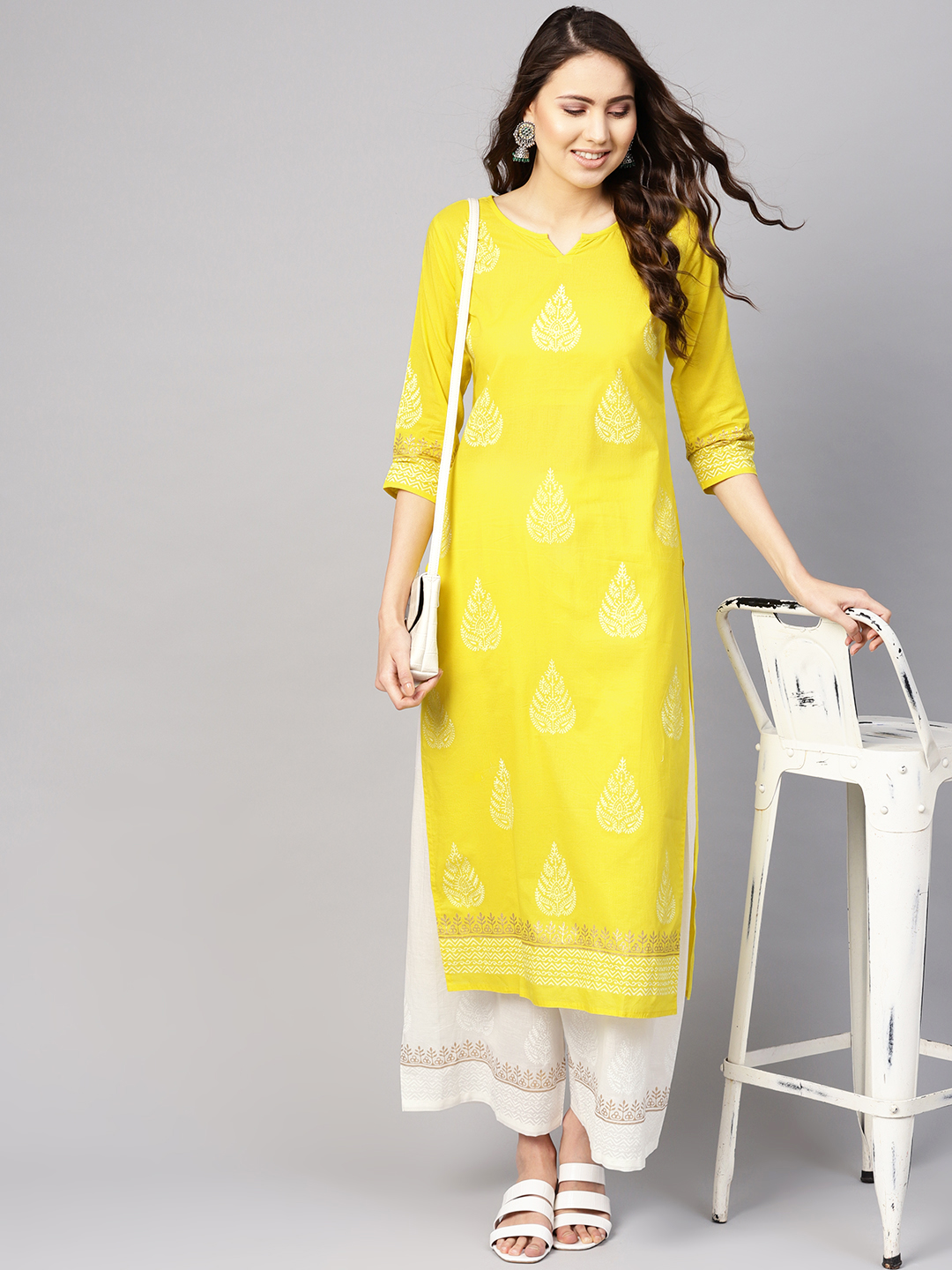 Nayo Women Yellow & White Printed Kurta with Palazzos Price in India