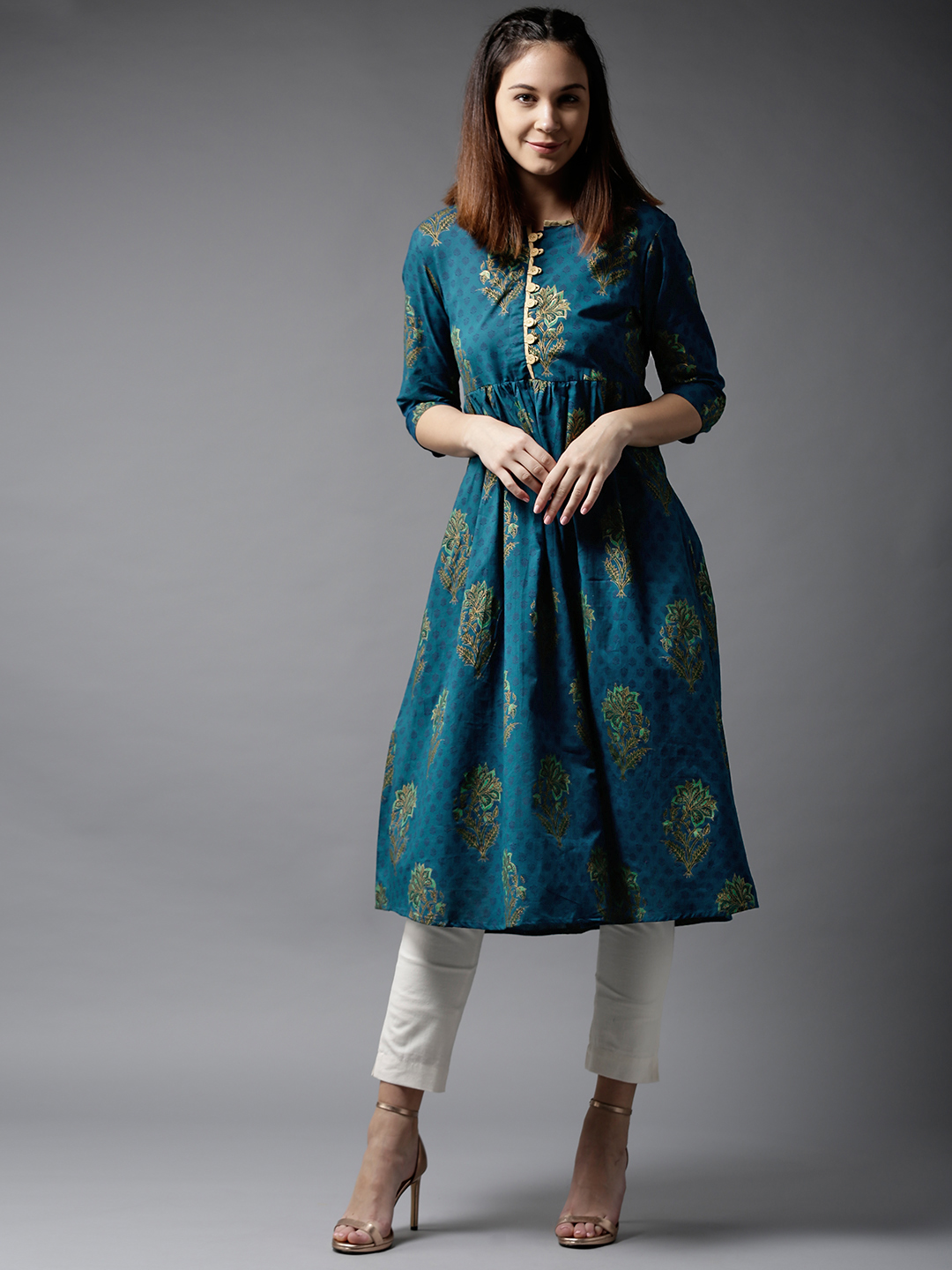 HERE&NOW Women Teal & Green Printed A-Line Kurta Price in India