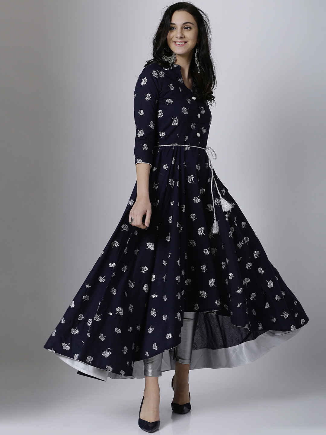 Vishudh Women Navy Blue & Silver-Toned Printed Anarkali Kurta Price in India