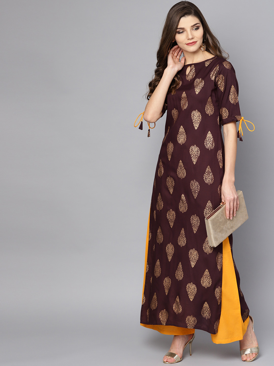 Nayo Women Burgundy & Mustard Yellow Printed Kurta with Palazzos Price in India