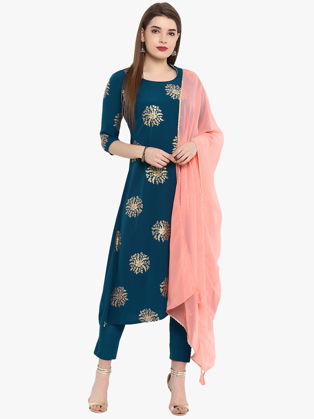 Janasya Women Teal Blue & Printed Kurta with Trousers & Dupatta Price in India