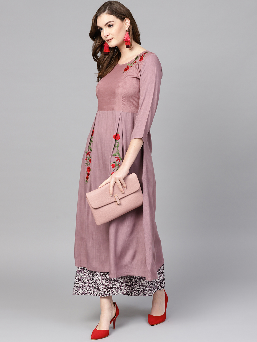 Yufta Women Mauve & Black Embroidered Kurta with Palazzos Price in India