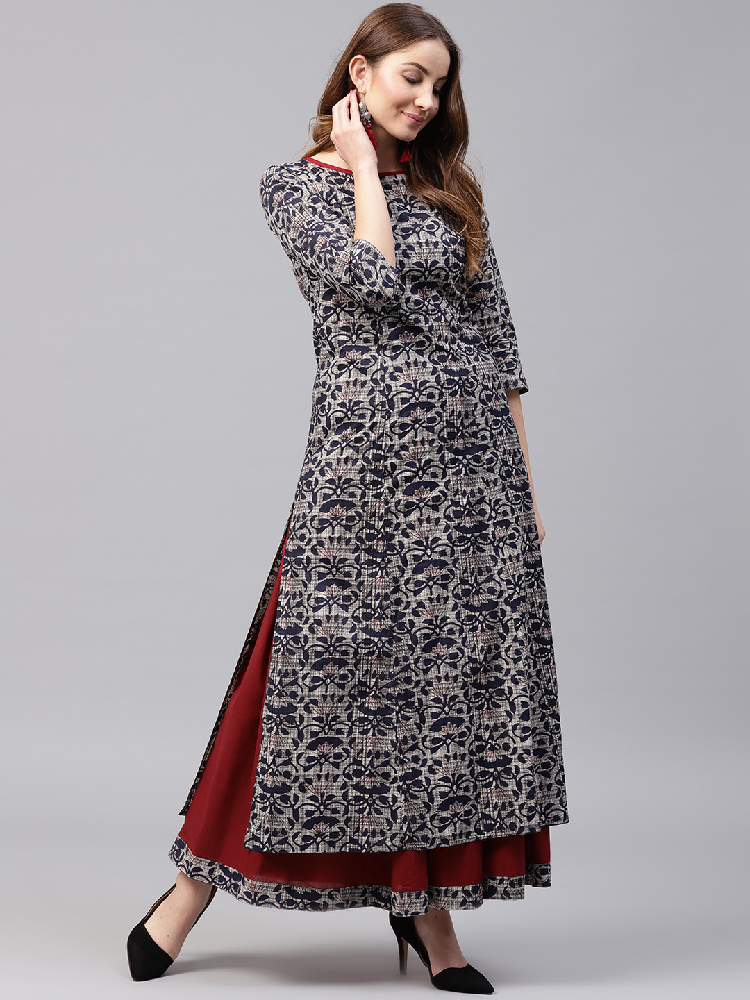 Nayo Women Navy Blue & Maroon Printed Kurta with Skirt Price in India