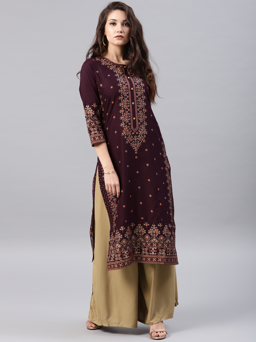 Vishudh Women Burgundy & Gold-Toned Printed Straight Kurta Price in India