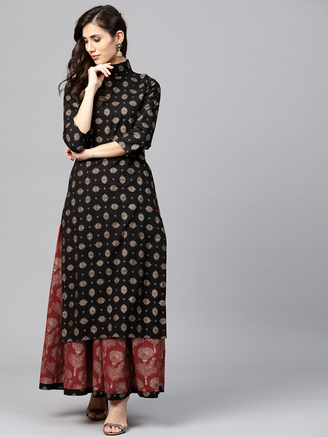 Nayo Women Black & Maroon Printed Kurta with Skirt Price in India