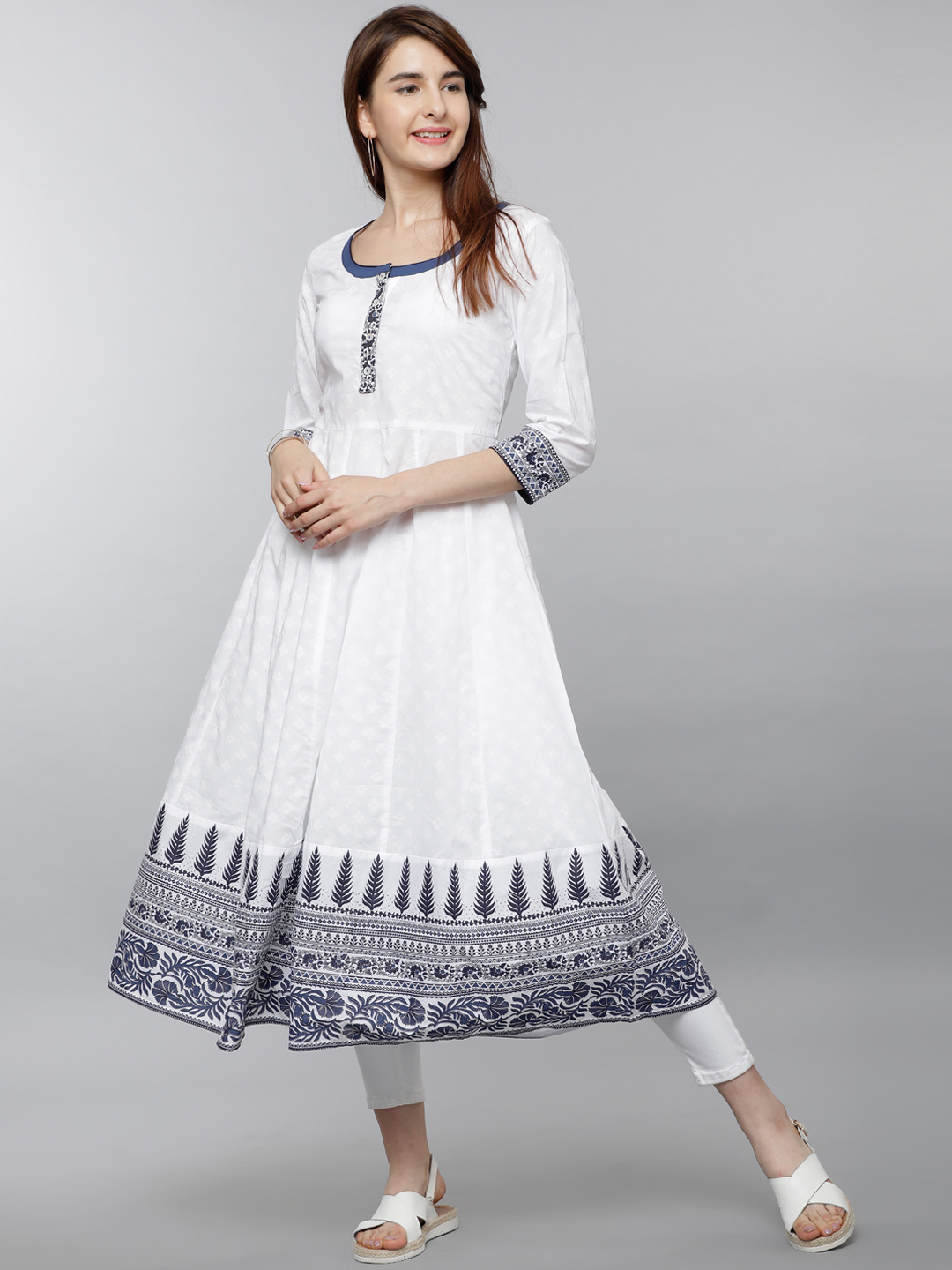 Vishudh Women White & Navy Blue Printed Anarkali Kurta Price in India