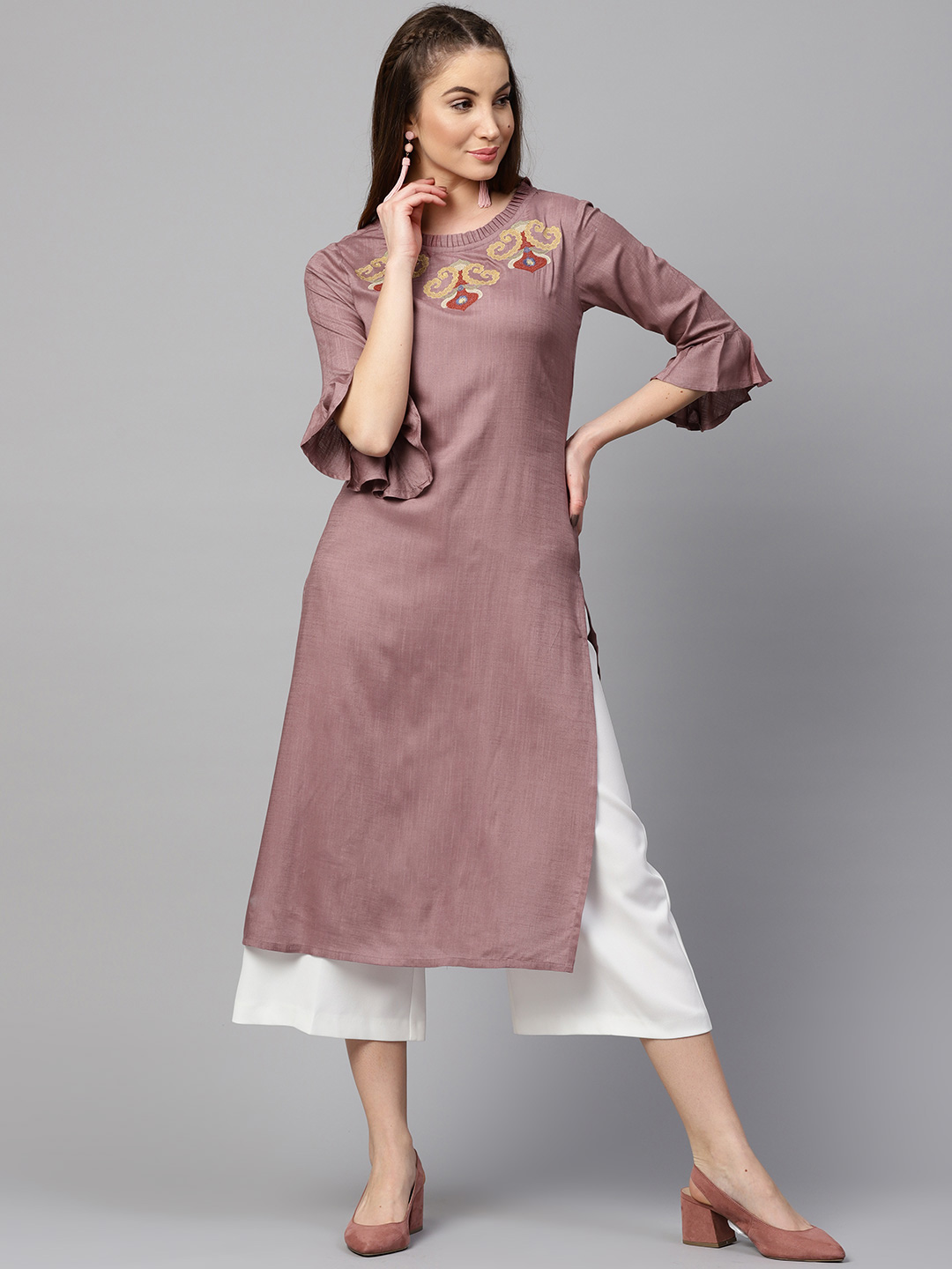 Yufta Women Mauve Yoke Design Straight Kurta Price in India