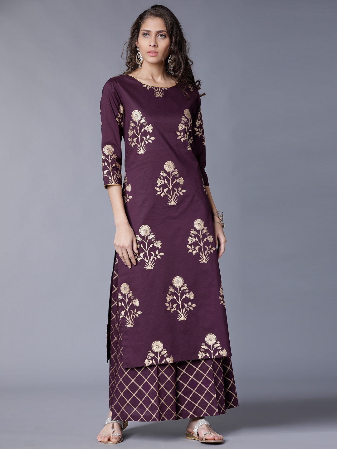 Vishudh Women Mauve & Gold-Toned Printed Kurti with Palazzos Price in India