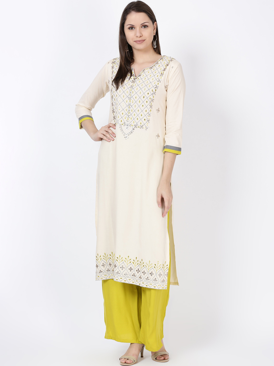 Soch Women Cream-Coloured & Lime Green Solid Kurta with Palazzos Price in India