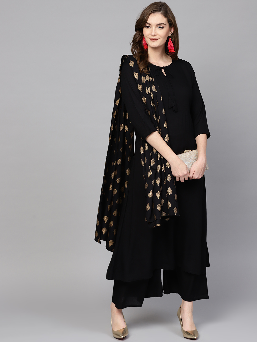 Yufta Women Black Solid Kurta with Palazzos & Dupatta Price in India