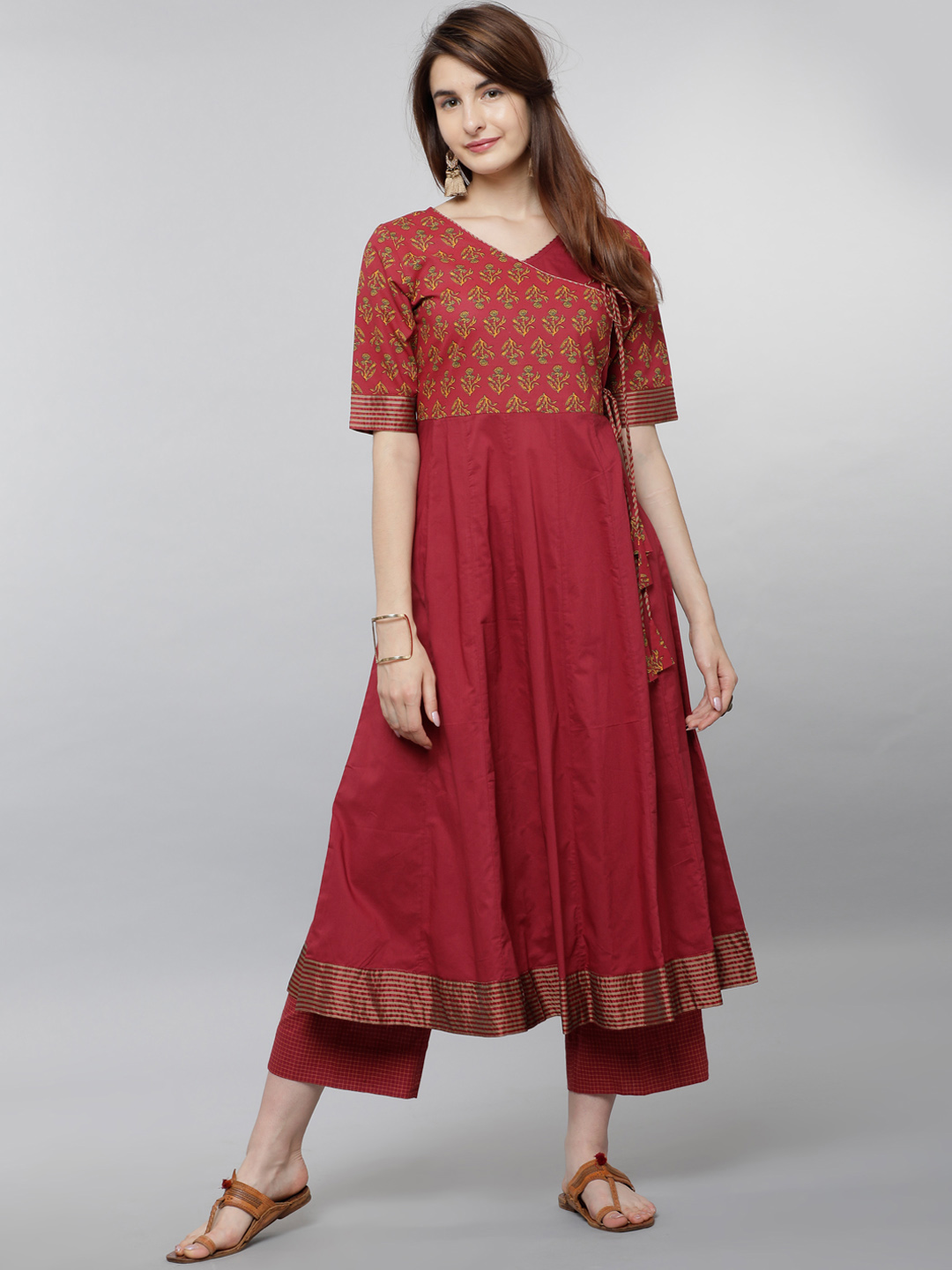 Vishudh Women Maroon & Mustard Printed Anarkali Kurta Price in India