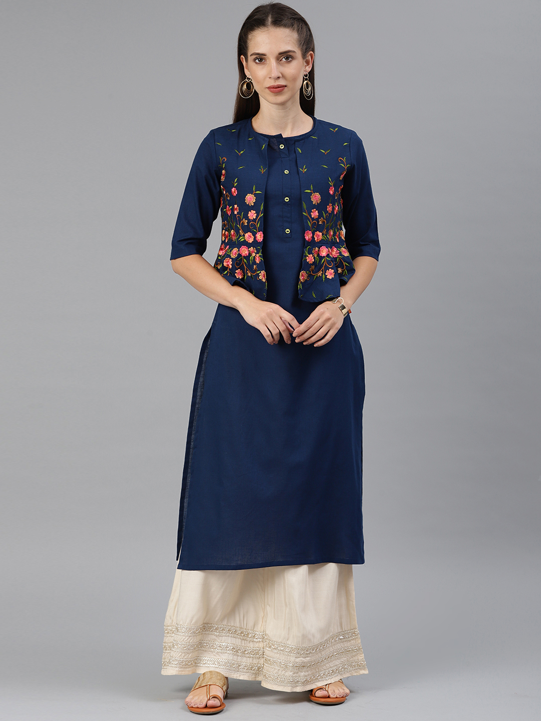 Alena Women Navy Blue Solid Straight Kurta With Embroidered Jacket Price in India