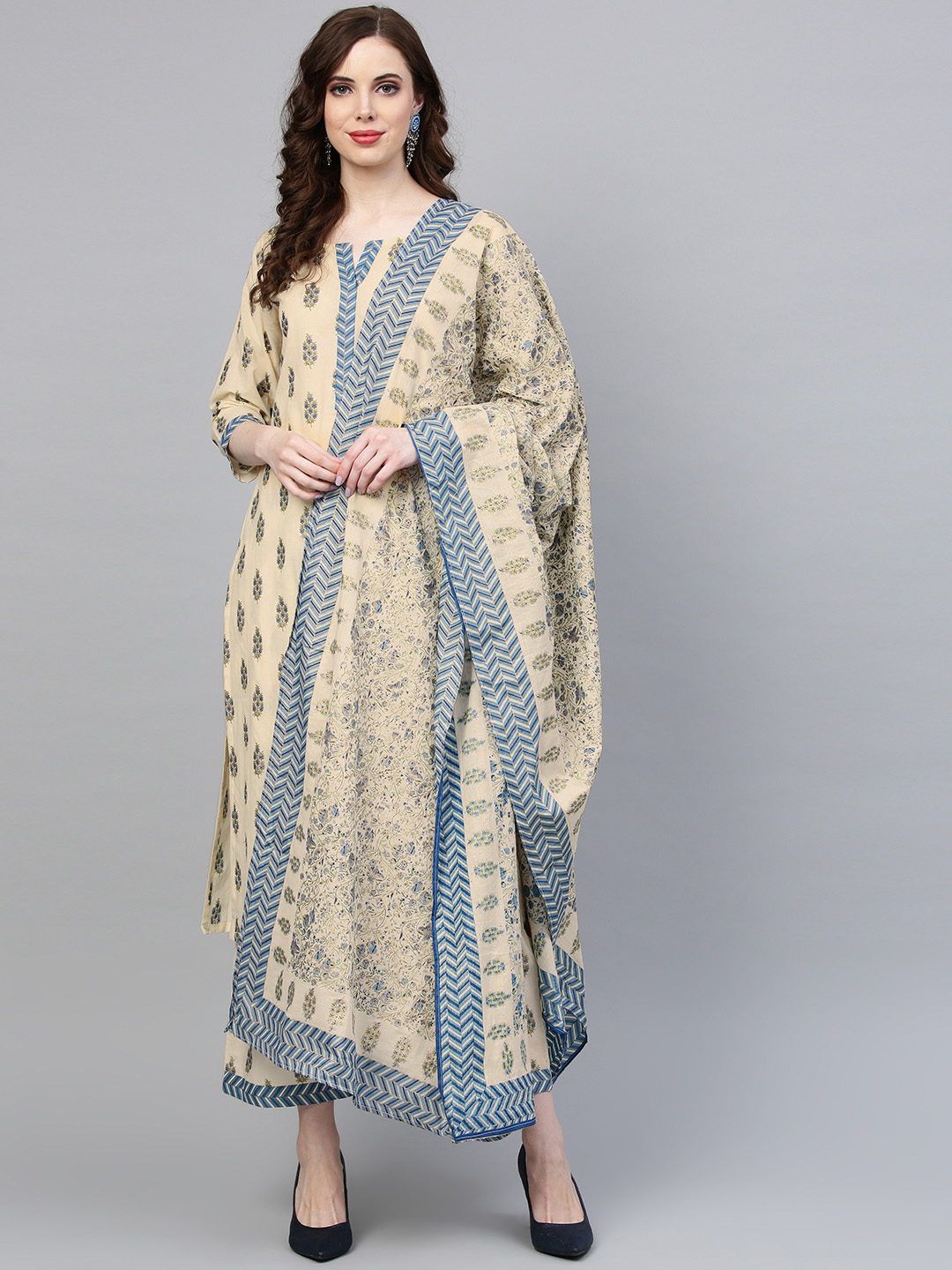 Indo Era Women Beige & Blue Printed Kurta with Palazzos & Dupatta Price in India