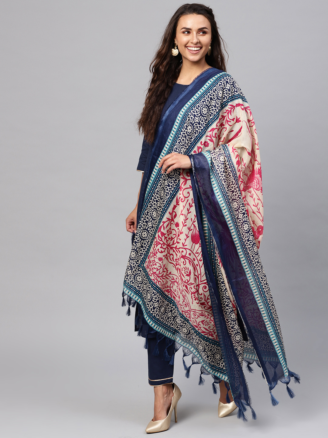 Nayo Women Navy Blue & Beige Solid Kurta with Trousers & Printed Dupatta Price in India