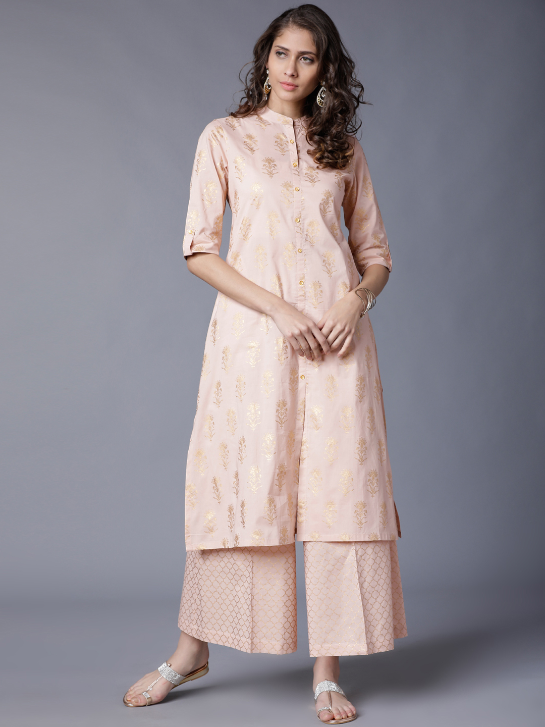 Vishudh Women Peach-Coloured & Gold-Coloured Printed Kurta with Palazzos Price in India