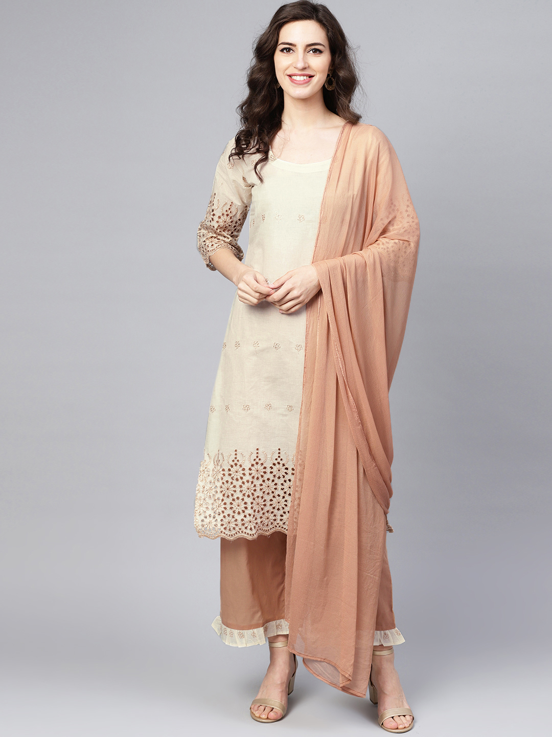 Libas Women Off-White & Beige Embroidered Kurta with Palazzos & Dupatta Price in India