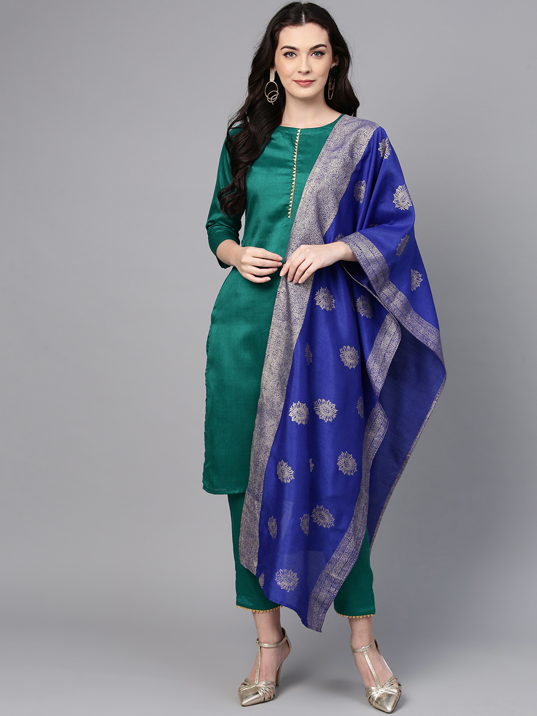 Ahalyaa Women Green & Blue Solid Kurta with Trousers & Dupatta Price in India