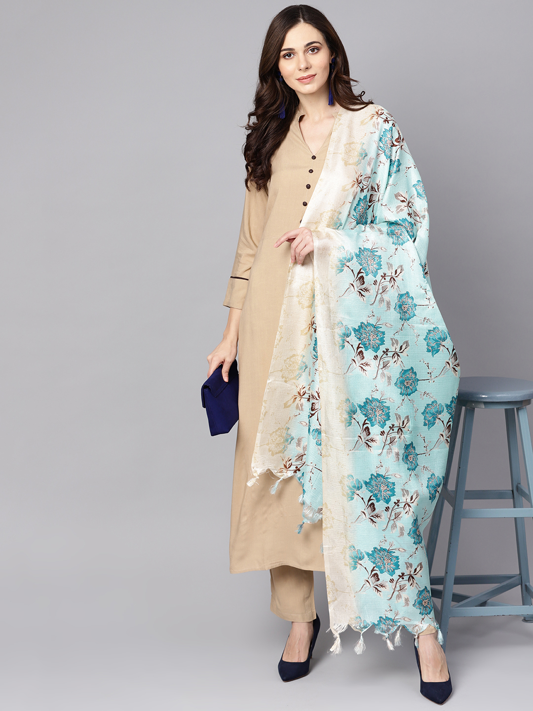 Nayo Women Beige & Blue Solid Kurta with Trousers & Dupatta Price in India