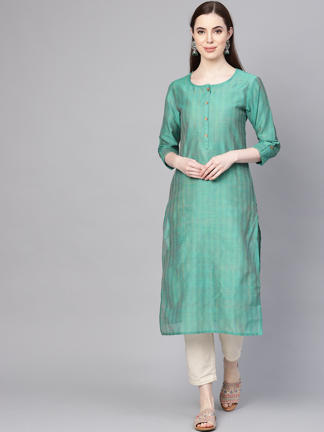 Varanga Women Green Silk Woven Design Straight Kurta Price in India