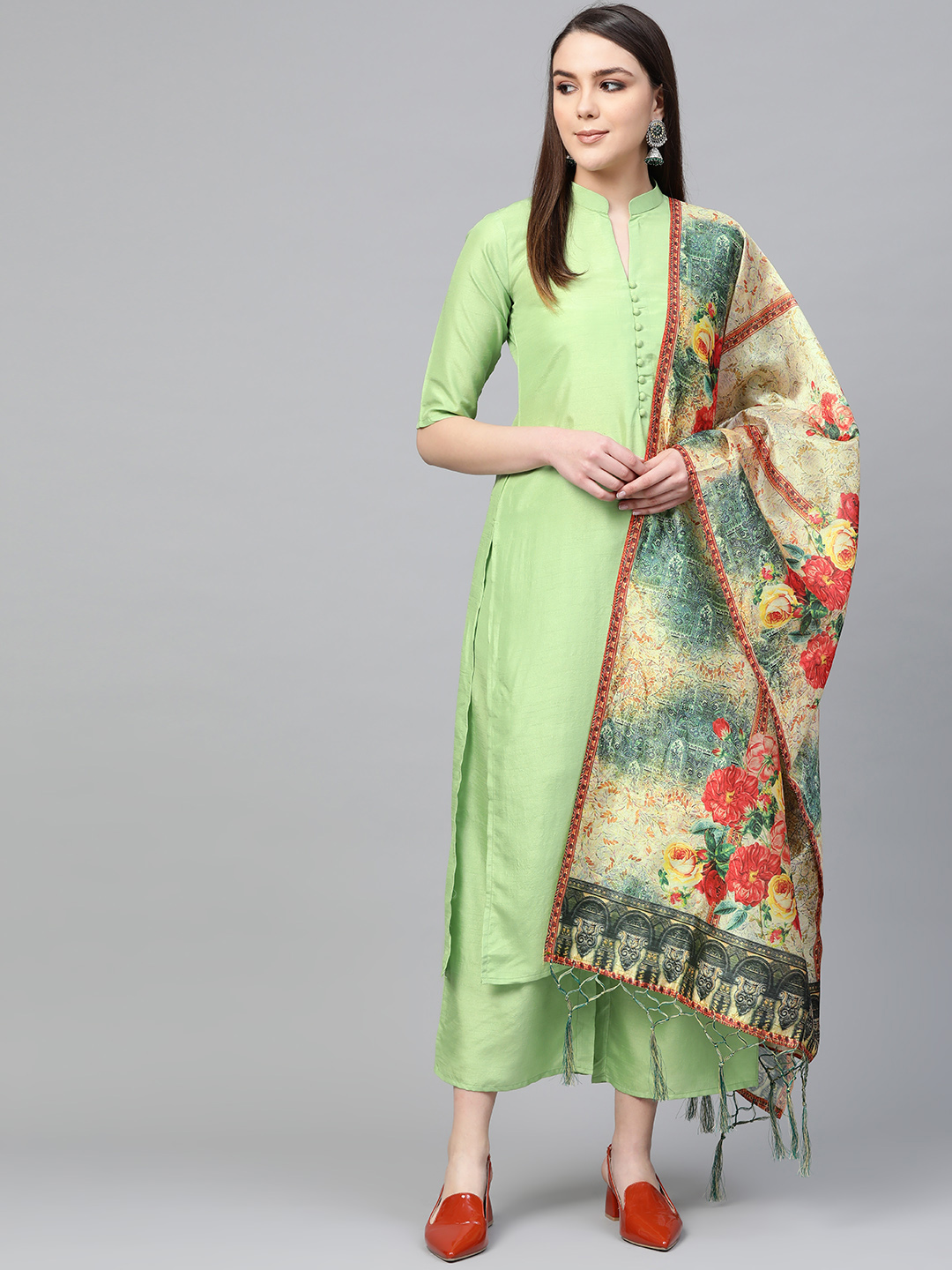 Libas Women Green & Beige Solid Kurta with Palazzos & Dupatta Price in India