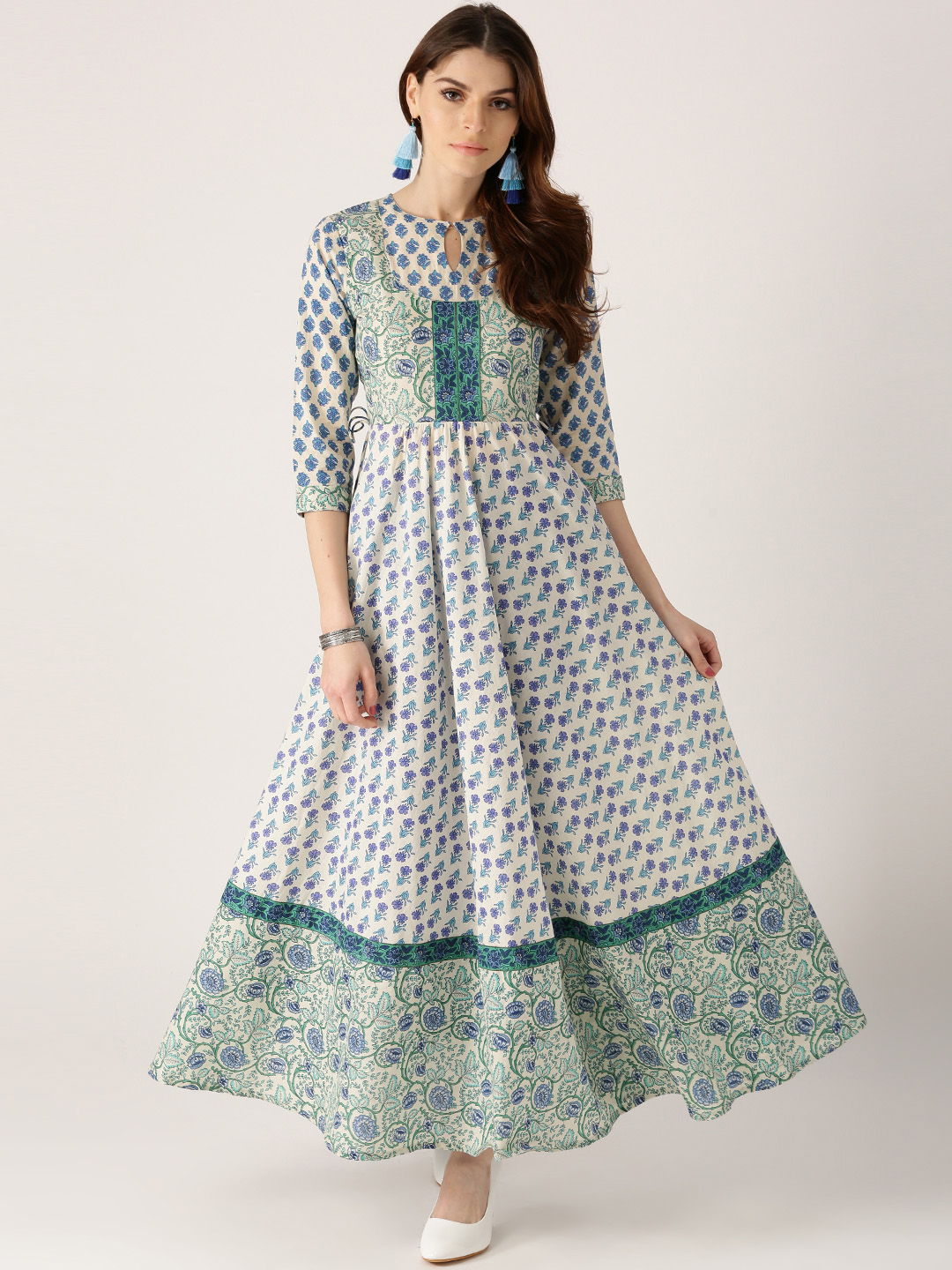 Libas Women White & Blue Printed Anarkali Kurta Price in India