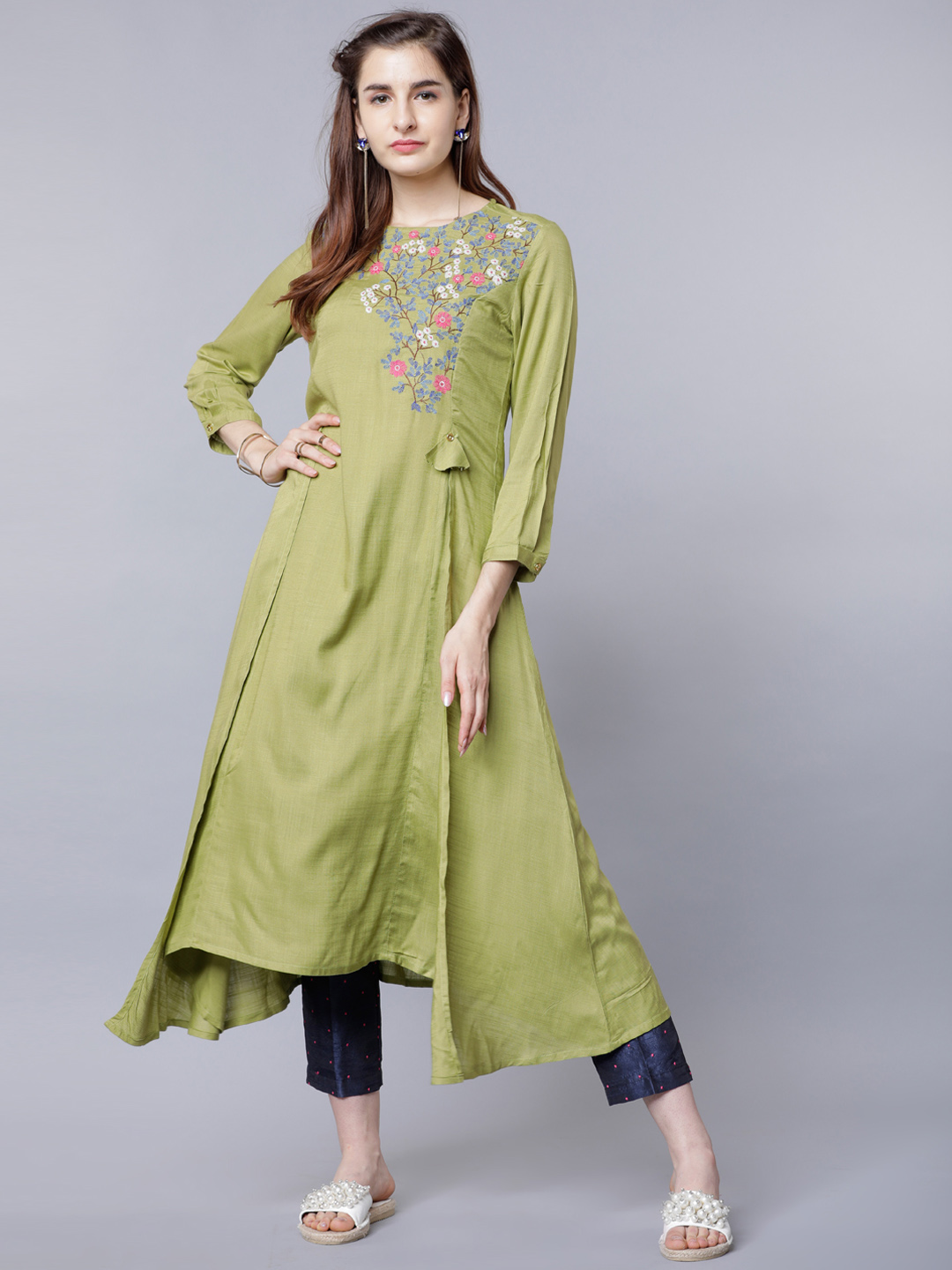 Vishudh Women Green Embroidered A-Line Kurta Price in India