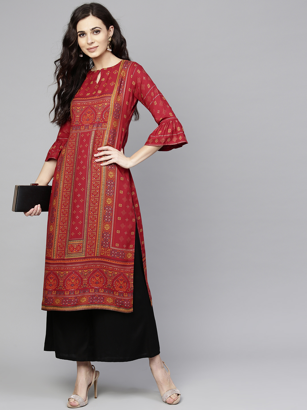 Libas Women Brick Red & Olive Green Block Print Straight Kurta Price in India