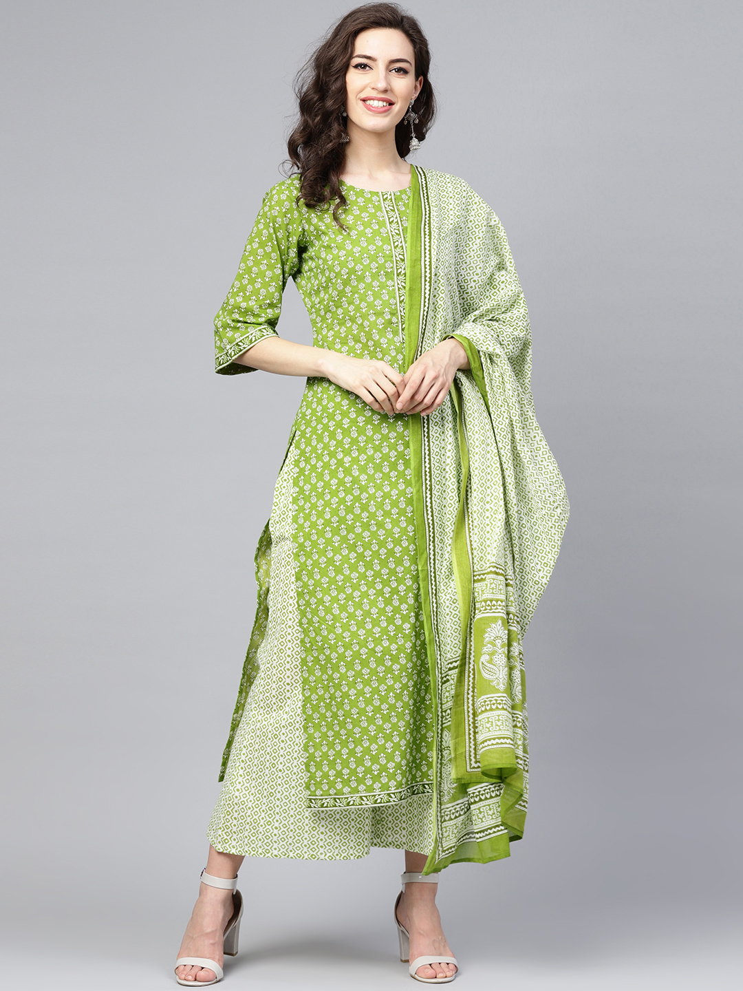 Libas Women Green & White Printed Kurta with Palazzos & Dupatta Price in India