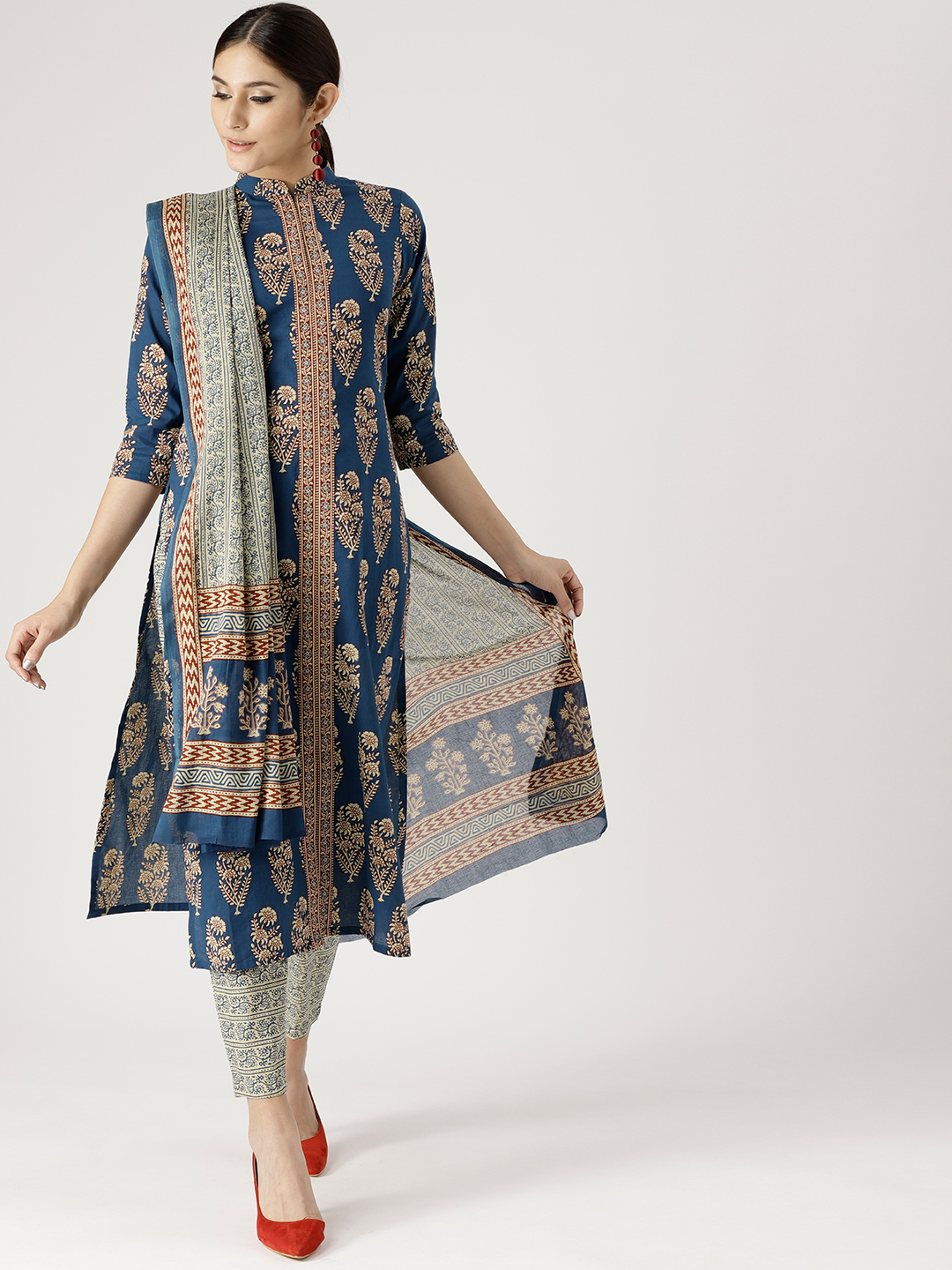Libas Women Blue & Beige Printed Kurta with Trousers & Dupatta Price in India