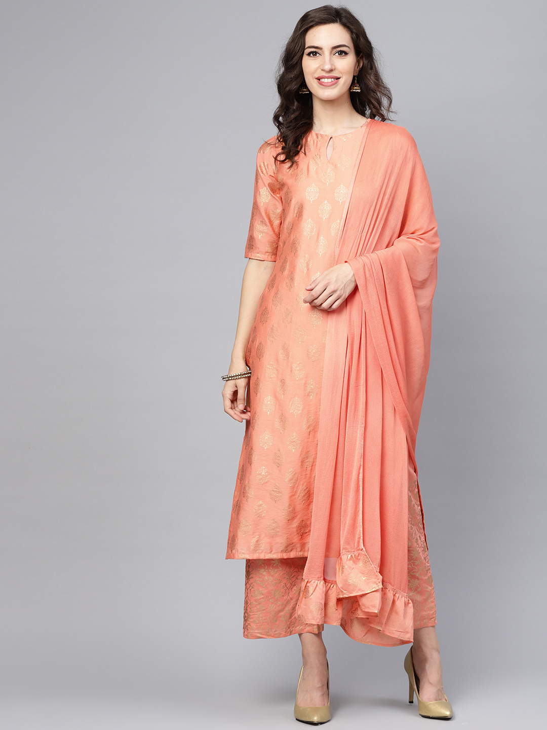 Libas Women Peach-Coloured & Golden Block Print Kurta with Palazzos & Dupatta Price in India