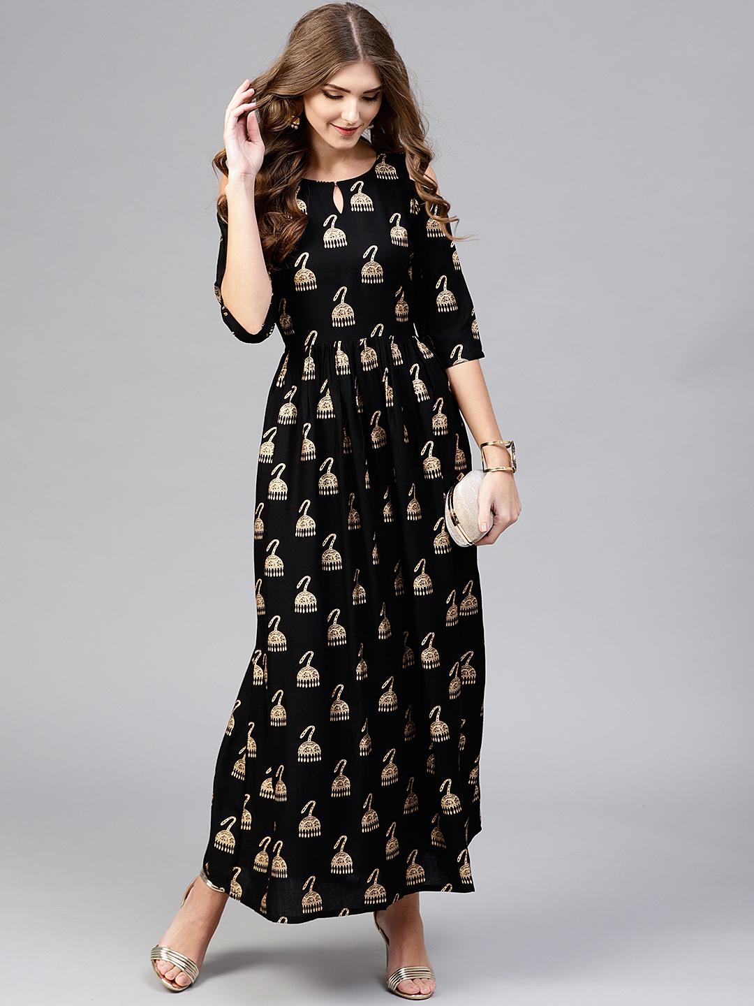 Libas Women Black & Golden Block Print Maxi Dress Price in India