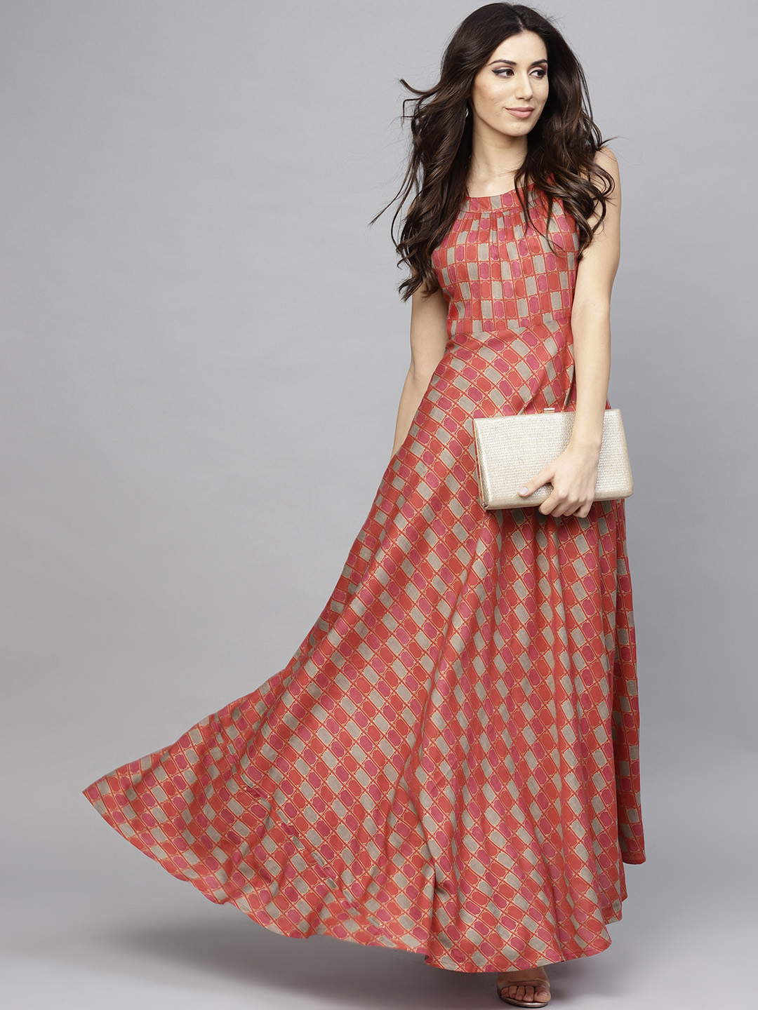 AKS Women Red Printed Maxi Dress Price in India