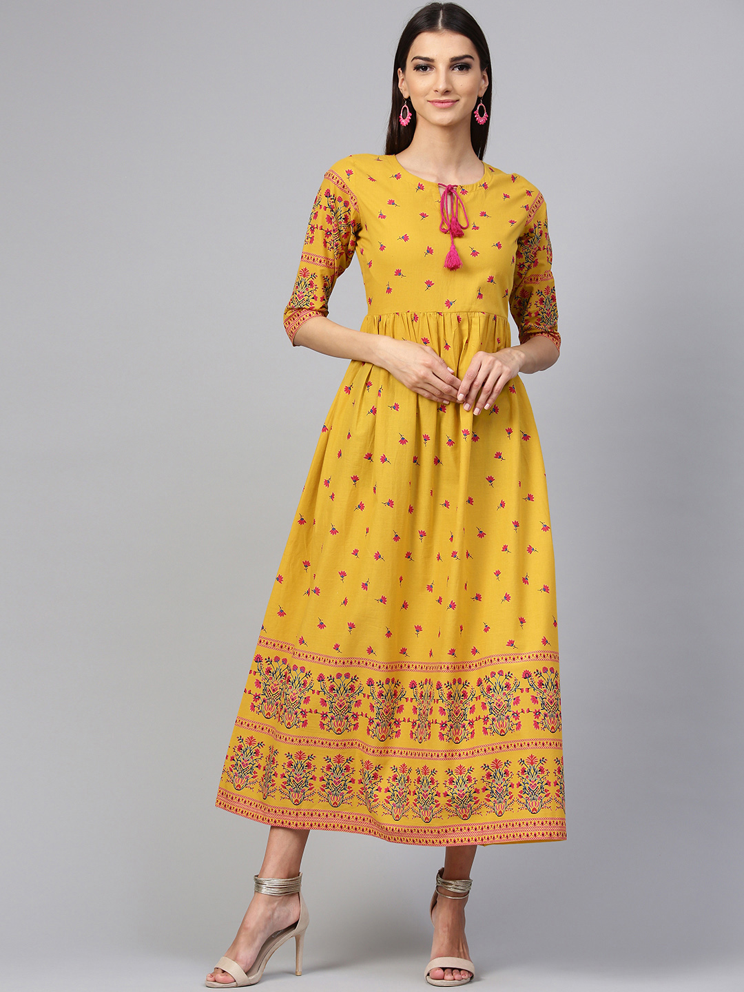 Libas Women Mustard Yellow & Pink Printed A-Line Dress Price in India