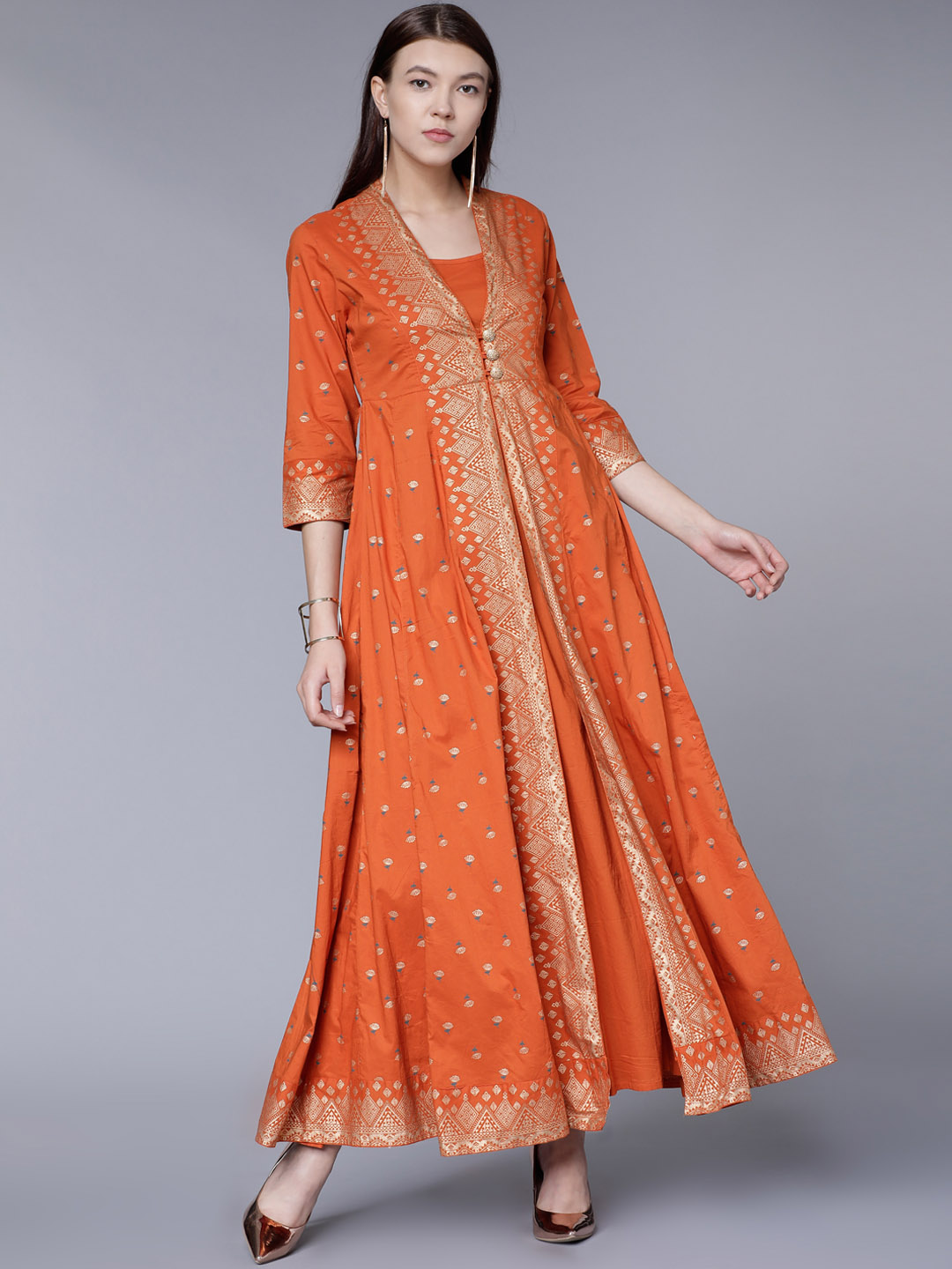 Vishudh Women Rust Brown Printed Ethnic Anarkali Dress Price in India