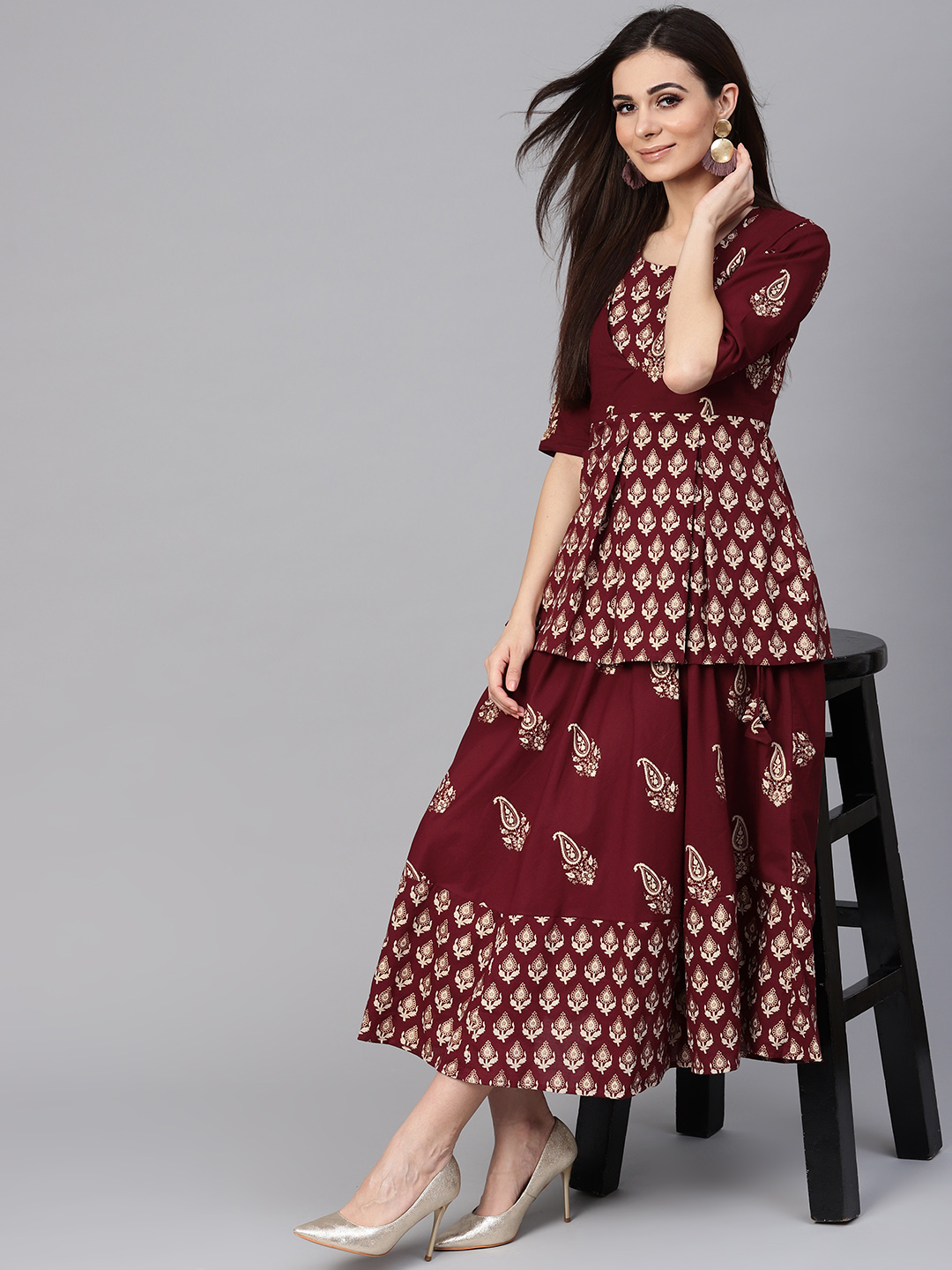 Libas Women Maroon & Grey Block Print Layered A-Line Dress Price in India