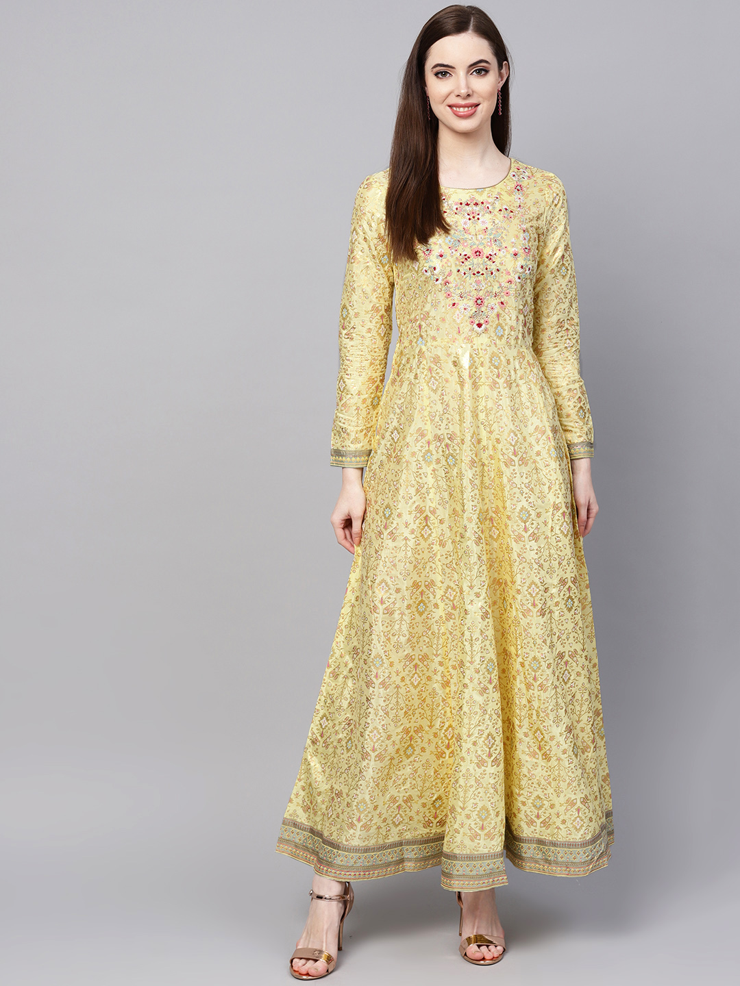 W Women Yellow & Golden Printed Maxi Dress Price in India