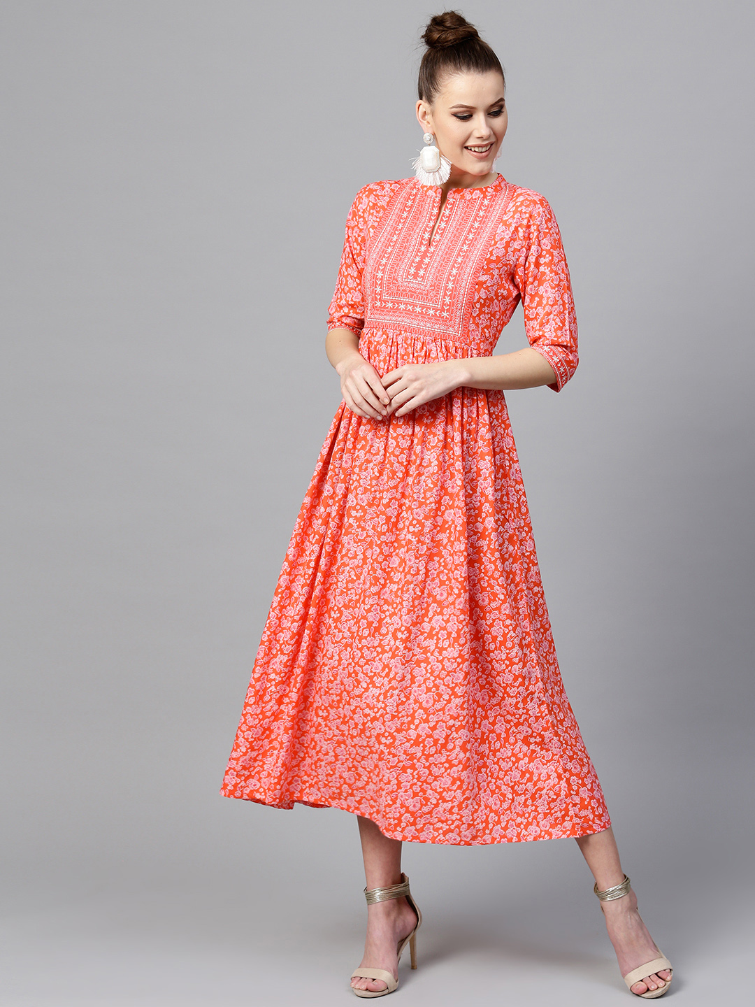 Libas Women Coral Orange Printed A-Line Dress Price in India
