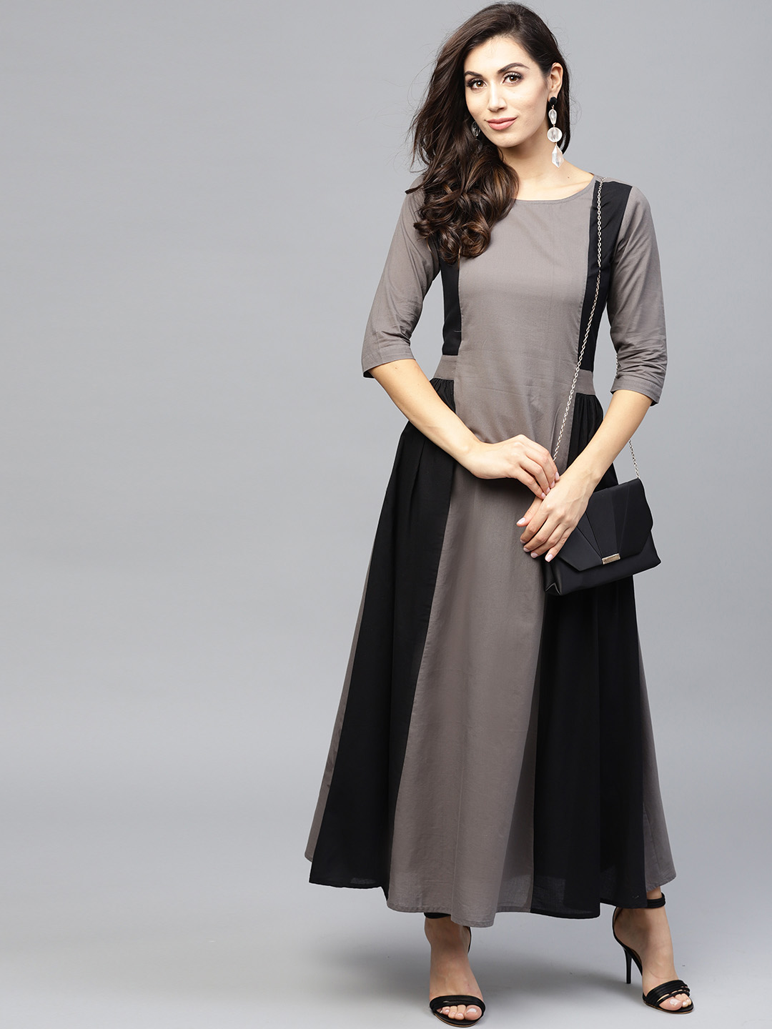 Nayo Women Grey & Black Colourblocked Maxi Dress Price in India