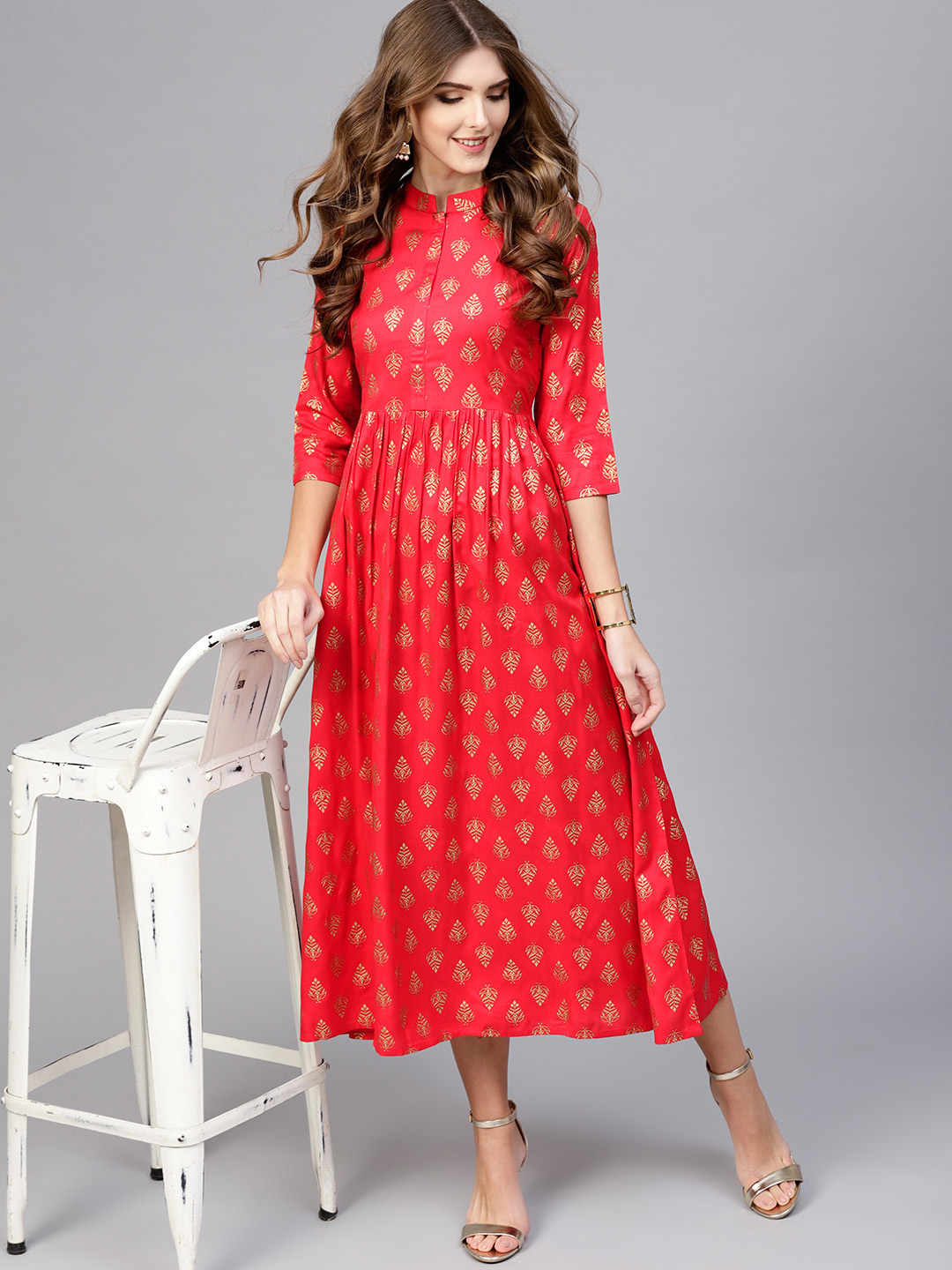 Libas Women Red & Golden Block Print Fit & Flare Dress Price in India