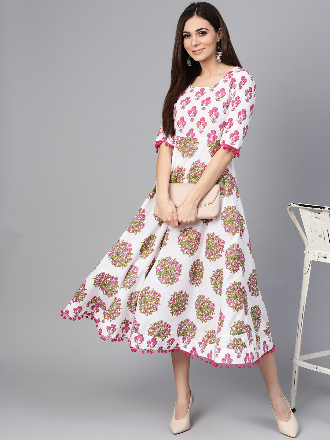 Libas Women White & Pink Printed Fit & Flare Dress Price in India