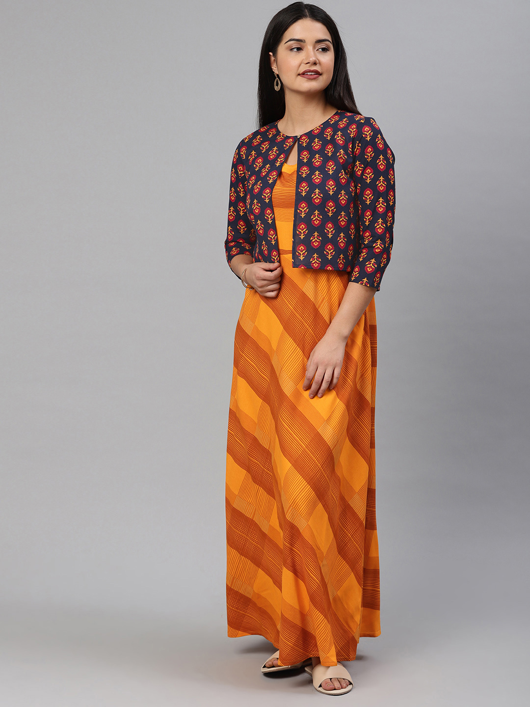 Vishudh Women Mustard Yellow hecked Maxi Dress Price in India