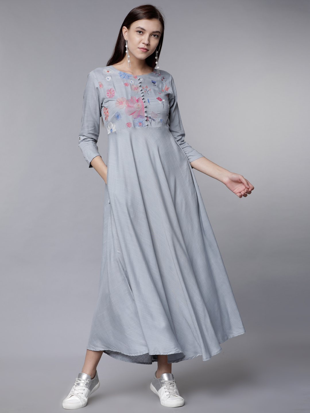 Vishudh Women Grey Solid Maxi Dress Price in India